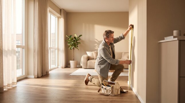 A focused man kneels to precisely measure a wall with a tape measure in a sunlit, contemporary apartment.