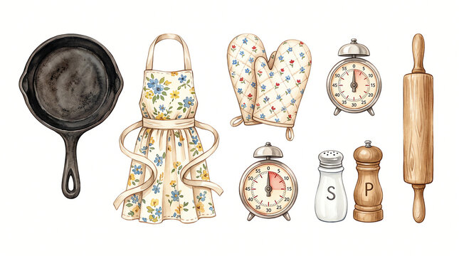 クラシックな家庭用調理器具とエプロンの手描き水彩イラスト素材セット、スキレット・小花柄エプロン・ミトン・キッチンタイマー・調味料入れの素材集・白背景。
