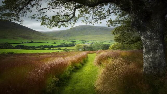 Lone ancient oak tree on a grassy path with rolling hills under dramatic sky