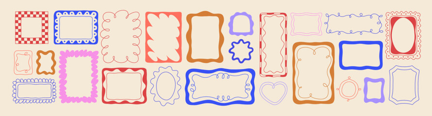 Obraz na płótnie Canvas Cute hand-drawn frames, doodle line borders. Wave border cards, wavy sketch pattern frames of square, rectangle, oval shape. Doodle hand-drawn background, cute whimsical designs. Vector illustrations