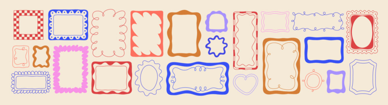 Cute hand-drawn frames, doodle line borders. Wave border cards, wavy sketch pattern frames of square, rectangle, oval shape. Doodle hand-drawn background, cute whimsical designs. Vector illustrations