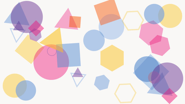 Abstract geometric shapes background vector illustration with overlapping circles squares triangles hexagons pentagons colorful layered design