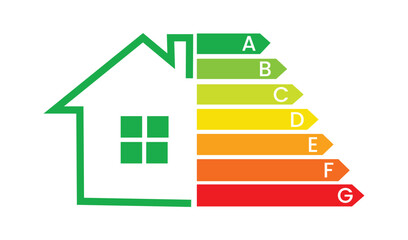 Obraz premium Energy efficiency rating label with house icon and a to g scale vector