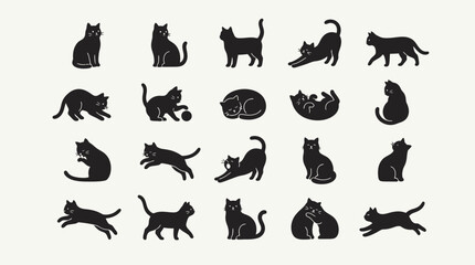 Fototapeta premium Cat Silhouettes Set Black Kitten Poses Sitting Walking Sleeping