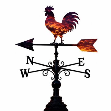 Metal rooster weather vane showing wind direction on a white background