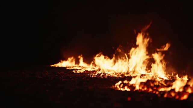 A long line of bright orange fire burning intensely in the dark night