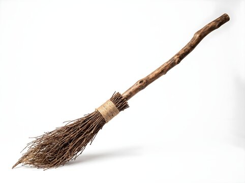 Handmade rustic witch broomstick crafted from natural twigs and wooden branches for traditional folklore decoration and mystical themed photography props