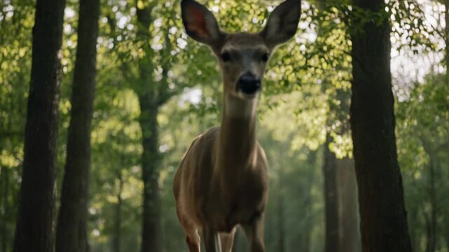 Young deer walking through sunlit forest glade with dappled light cinematic motion