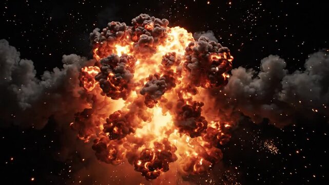 Two fireballs colliding and exploding into huge fiery blast with sparks and smoke in space