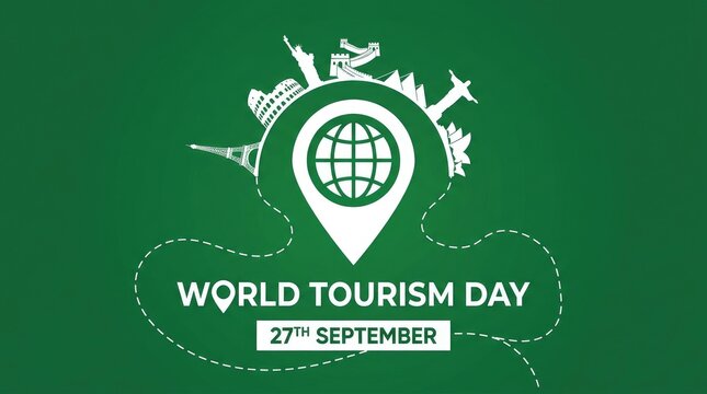 World tourism day celebration poster with global landmarks and location pin icon