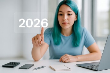 Woman touching futuristic screen with 2026 text, modern technology concept © dvoevnore