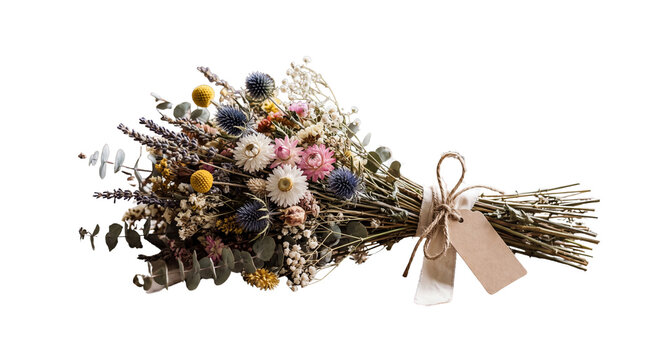 Rustic dried flower bouquet with lavender and eucalyptus, vintage wildflower arrangement with paper gift tag, pastel floral bunch isolated PNG with Transparent Background