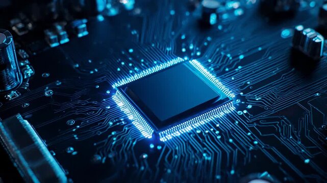 Central processing unit glowing with blue light on a circuit board with cinematic camera movement
