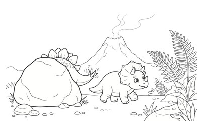 A cute hand drawn coloring page for children featuring a friendly triceratops dinosaur near a smoking volcano © MDARasid