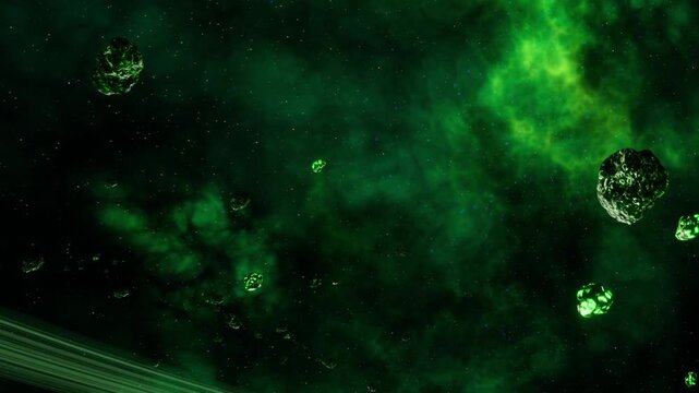 Green asteroids are scattered in a dark space filled with bright clouds. The scene shows a distant ring surrounding the asteroids. This space view captures a distant galaxy setting.