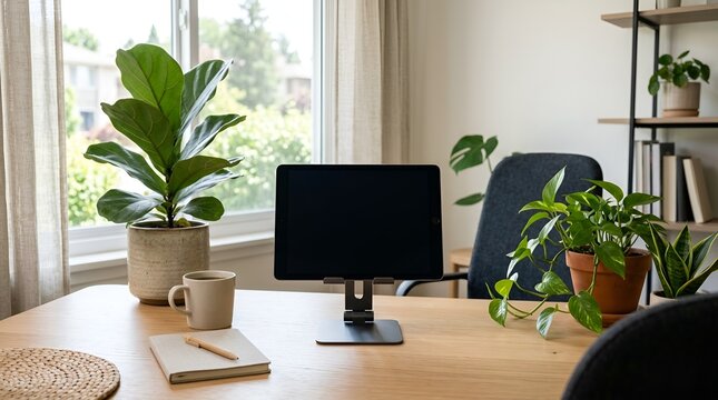 Home office workspace setup with wooden desk, laptop monitor, coffee mug, journal, and green potted plants near sunny window. Minimalist interior.