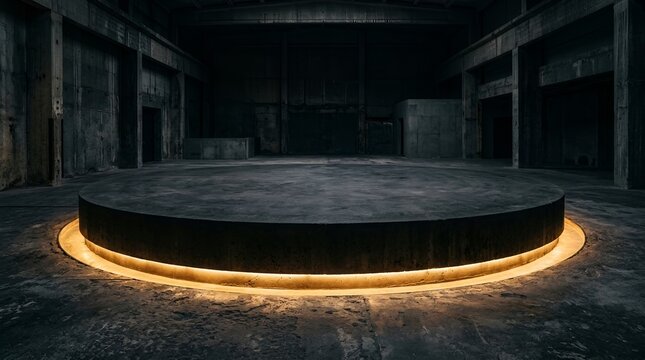 Industrial concrete podium with integrated warm LED lighting in a dark warehouse setting. Modern minimalist stage design for exhibitions, presentations, and product launches.