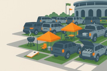 American football tailgate party with tents and SUVs in stadium parking © dvoevnore