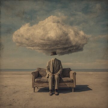 A surreal scene of a headless man in a suit sitting on a couch in a barren landscape with a large cloud floating above where his head should be.