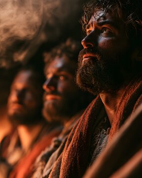 Group of men with beards sitting around a campfire at night