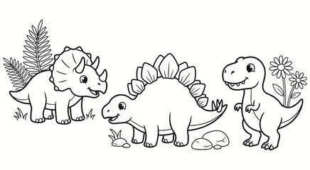 Cute cartoon dinosaurs including a triceratops stegosaurus and tyrannosaurus rex in a black and white coloring page style © MDARasid