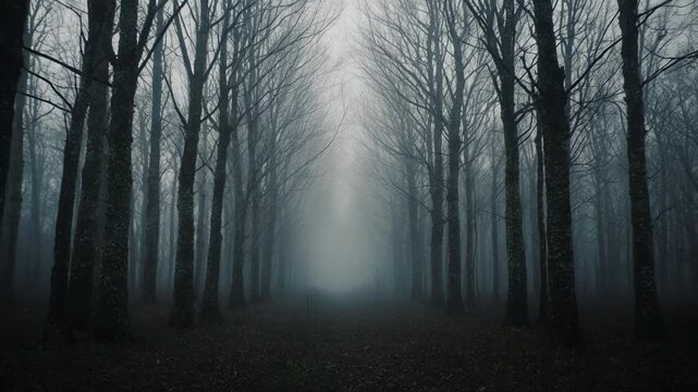 Eerie forest path shrouded in dense fog with cinematic lighting and atmospheric mist during twilight
