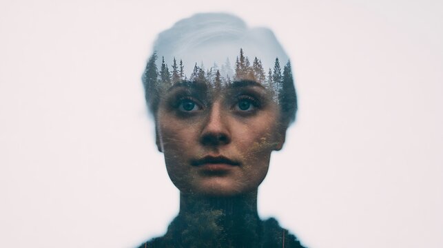 A surreal double exposure portrait blending a woman's face with a silhouette of a forest, creating a dreamy connection between human and nature.