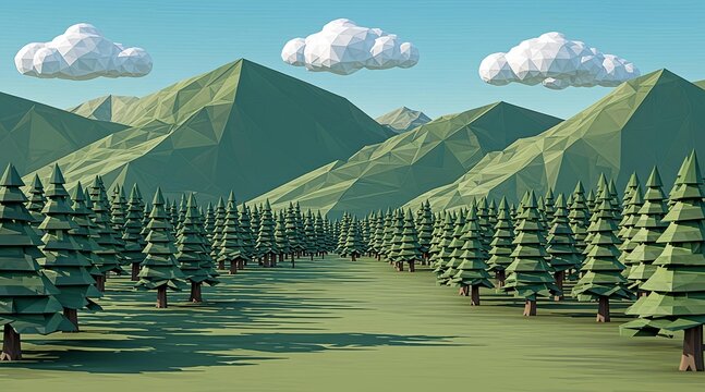 Stylized low poly nature landscape with mountains and pine forest