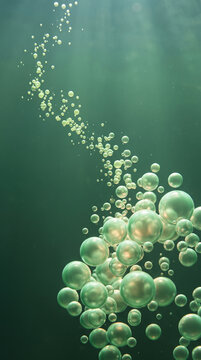 Green iridescent spheres floating in water, creating a sense of buoyancy and life, symbolizing purity, growth, and renewal