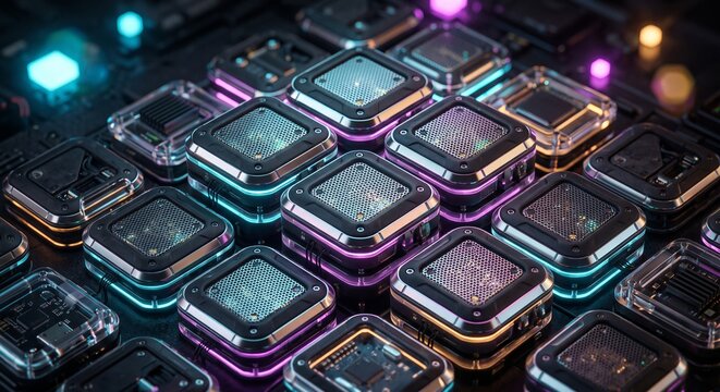 Macro close-up of modular hardware components in a geometric grid with neon edge lighting and dark background.