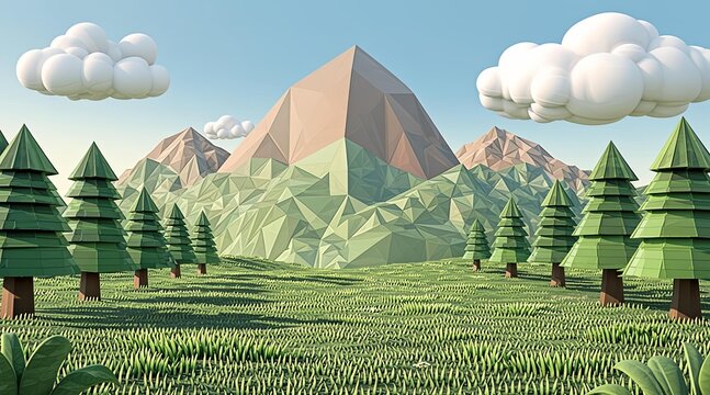 3D low poly landscape featuring stylized mountains green pine forest and white clouds under a clear blue sky
