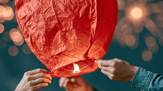 Hands lighting a red paper lantern with warm bokeh lights glowing behind. A festive night celebration scene symbolizing hope, tradition and holiday wishes.