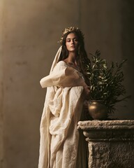 Obraz premium Regal woman in ancient robes holding olive branches and parchment, standing by a stone pillar
