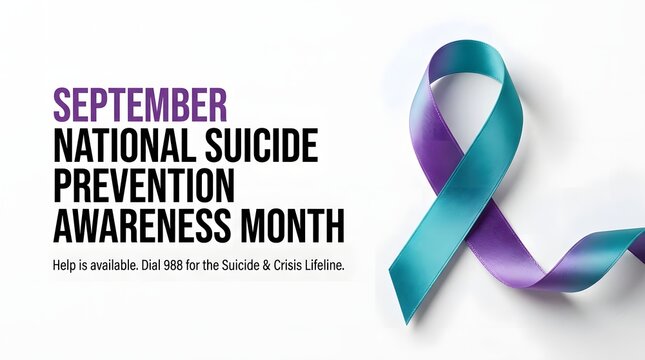 National suicide prevention awareness month concept with teal and purple ribbon on white background