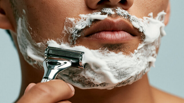 Man carefully shaving his stubble covered in white foam with a razor. A detailed men's grooming and skincare routine concept with realistic skin texture.
