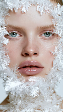 Woman's face framed by delicate frost crystals along the skin's edge, symbolizing protection from cold weather. Winter skincare and hydration concept.