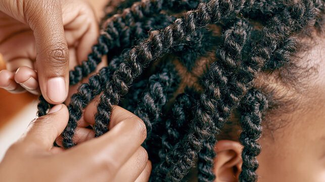 Close-up of hands weaving an intricate protective hairstyle through glossy textured curls. A detailed diverse beauty campaign celebrating natural hair and skilled styling craft.