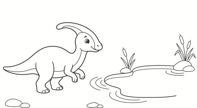 Black and white coloring page featuring a cute parasaurolophus dinosaur standing near a small pond in nature