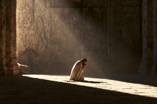 Man praying in a stone chamber with a lion resting nearby, biblical daniel scene