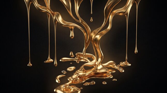 Molten gold liquid dripping in abstract tree shape, metallic golden paint splashes on black background, luxury fluid art texture
