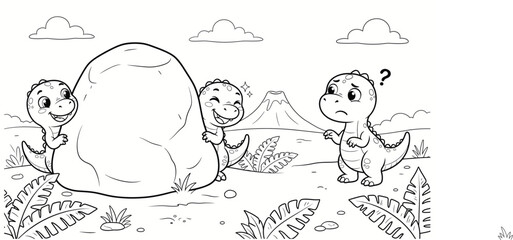 Cute cartoon dinosaurs playing with a large rock in a prehistoric landscape coloring page for children © MDARasid