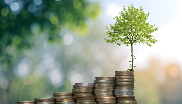 Stacked money coins with young green tree sprouting on top representing compound interest and long term financial planning.
