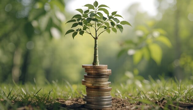 Stacked money coins with young green tree sprouting on top representing compound interest and long term financial planning.