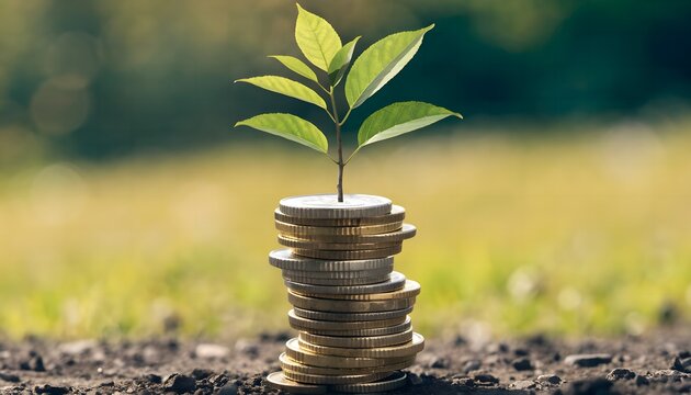 Stacked money coins with young green tree sprouting on top representing compound interest and long term financial planning.
