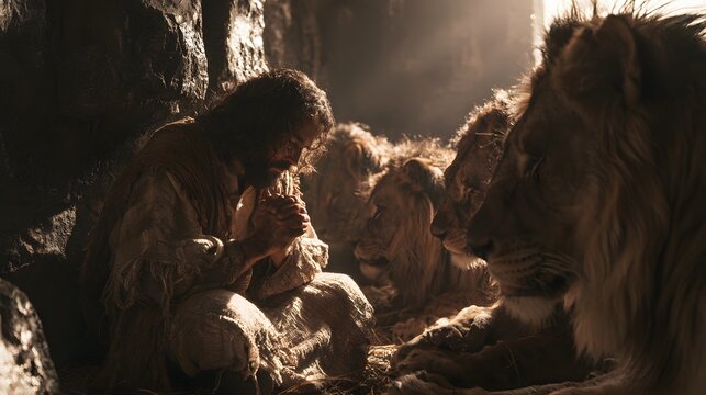 Biblical scene of daniel praying in the lions den surrounded by majestic lions in a dark stone cavern