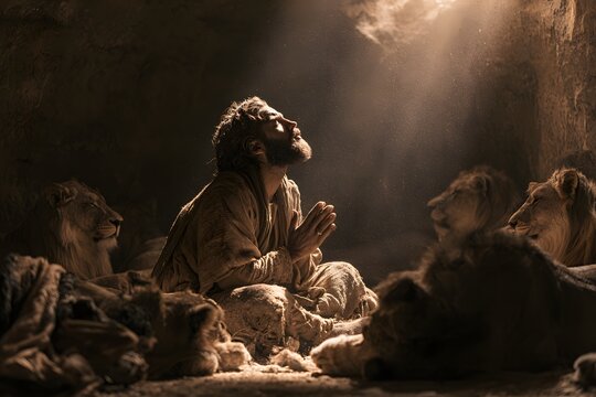Biblical prophet daniel praying in the lions den with divine light shining down