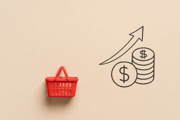 Shopping expenses concept with red basket and arrow on beige background © dvoevnore