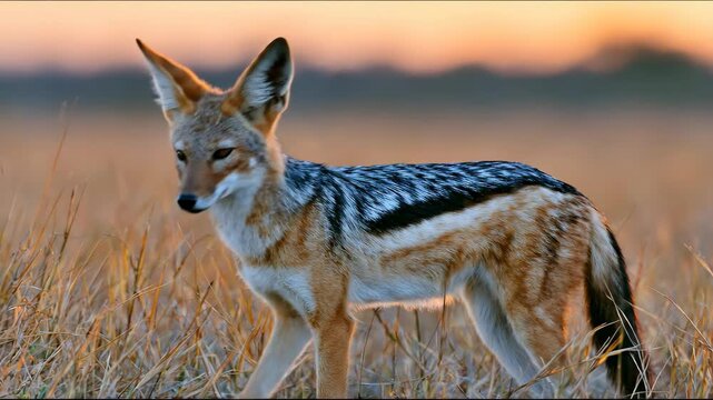 Side view profile of wild black backed jackal standing on dry grass field in sunset safari.
