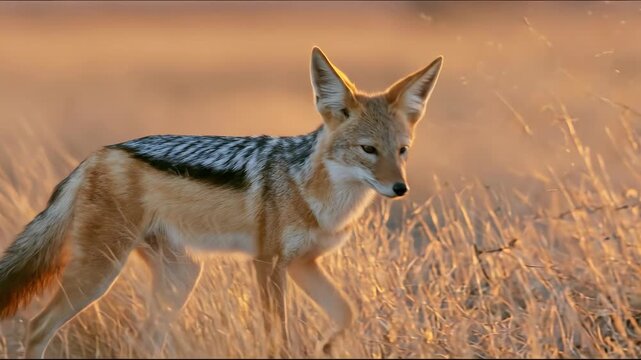 Side view profile of wild black backed jackal standing on dry grass field in sunset safari.