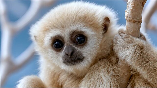 Close up portrait of cute white handed gibbon baby holding tree branch looking curious in nature.